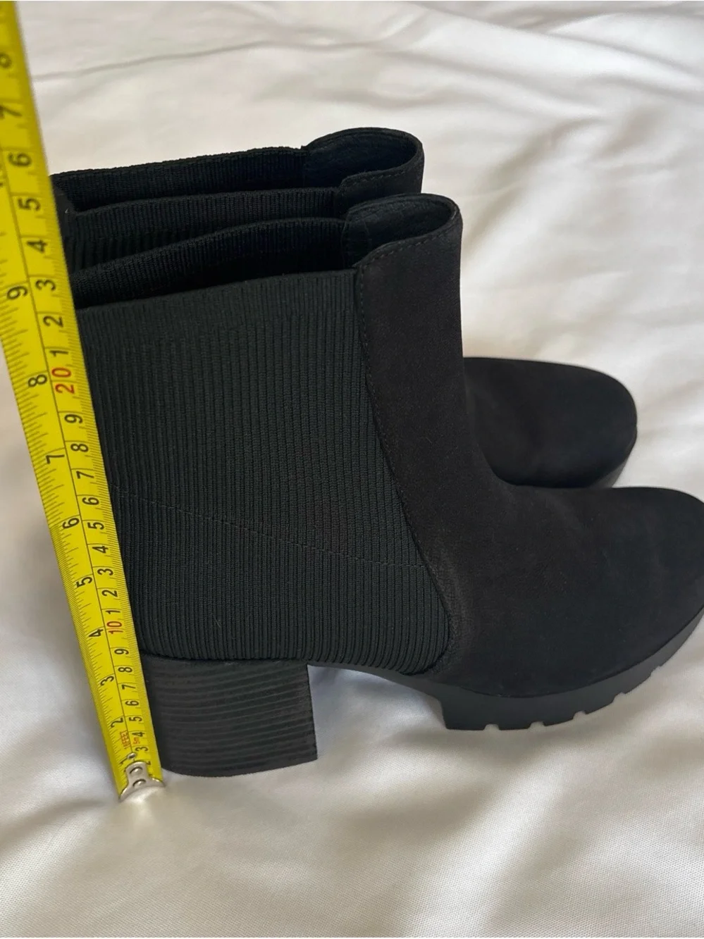 Eileen Fisher Black Stretch Suede Ankle Booties with Block Heel and Lug Sole
